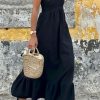 Black V Neck Flutter Sleeve Smocked Bodice High Waist Ruffle Maxi Dress