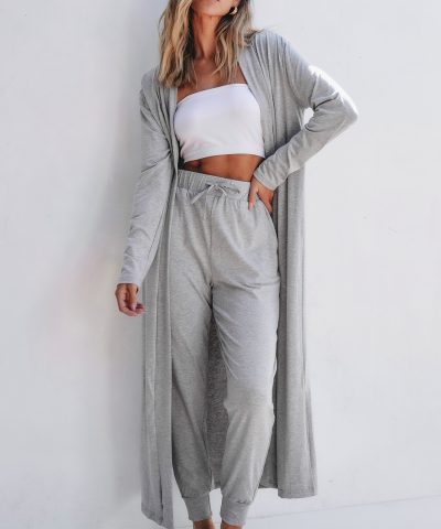 Light Grey Split Long Cardigan and Skinny Pants Lounge Set