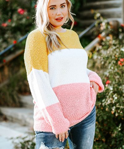 Yellow Colorblock Bubble Sleeve Plus Size Sweater