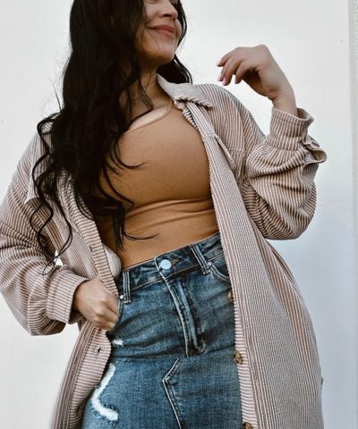 Smoke Gray Solid Corded Drop Shoulder Plus Size Shacket