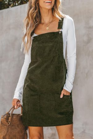 Alternative view of Vineyard Green Solid Front Pockets Sleeveless Corduroy Overall Dress