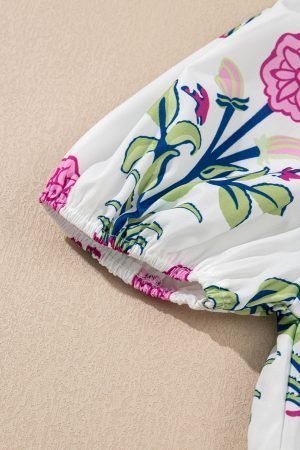 White Floral Puff Short Sleeve V Neck High Waist Maxi Dress - Image 8