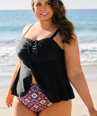 Black Drawstring Tied Front Flared Top Geometric Print Bottom Plus Size Tankinis