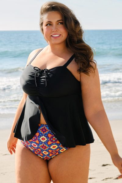 Black Drawstring Tied Front Flared Top Geometric Print Bottom Plus Size Tankinis