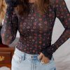 Black Floral Print Smocked Cuff Slim Fit Mesh Bodysuit