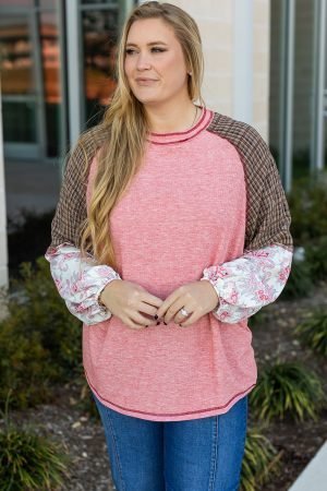 Pink Checkered Paisley Patchwork Raglan Sleeve Seamed Plus Size Top - Image 6