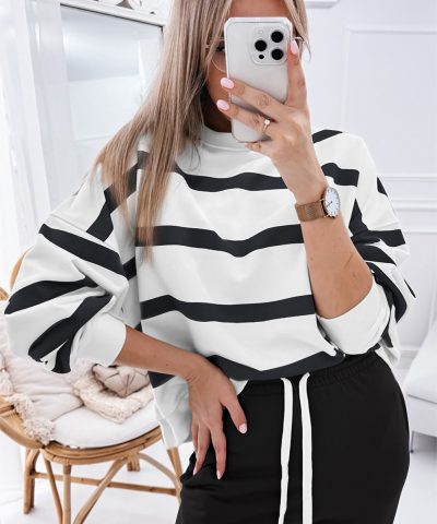 Black Stripe Drop Shoulder Pullover and Jogger Pants Set