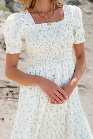 White Frilly Shirred Bodice Tiered Floral Maxi Dress - Image 2