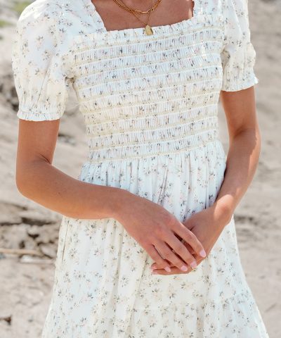 White Frilly Shirred Bodice Tiered Floral Maxi Dress