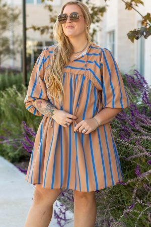 Khaki Stripe Contrast Striped Print 3/4 Sleeve Babydoll Plus Size Dress - Image 5