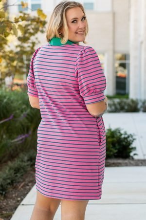 Alternative view of Rose Stripe Collared V Neck Puff Sleeve Shift T Shirt Dress with Pockets