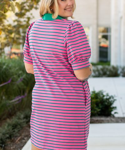 Rose Stripe Collared V Neck Puff Sleeve Shift T Shirt Dress with Pockets