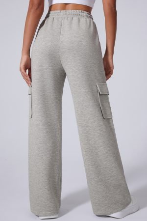 Light Grey Multi Pockets Lace-up High Waist Wide Leg Workout Pants - Image 3