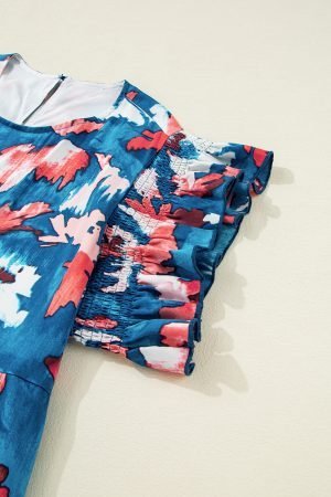 Blue Abstract Print Shirred Ruffled Short Sleeve Tiered Plus Size Mini Dress - Image 8