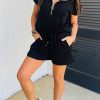 Black Textured Half Zip Kangaroo Pocket Top Drawstring Shorts Set