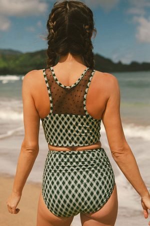 Green Dotted Mesh Plaid Patchwork High Waisted Bikini - Image 2