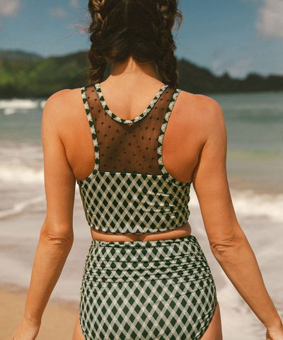 Green Dotted Mesh Plaid Patchwork High Waisted Bikini