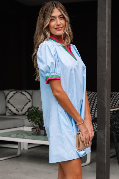 Myosotis Contrast Striped Notched V Neck Puff Sleeve Mini Dress
