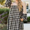 Black Plaid Waffle Knit Patchwork Collared V Neck Plus Size Mini Dress