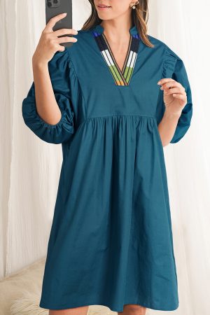 Blue Sapphire Colorblock Split V Neck Puff Sleeve Mini Dress