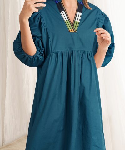 Blue Sapphire Colorblock Split V Neck Puff Sleeve Mini Dress