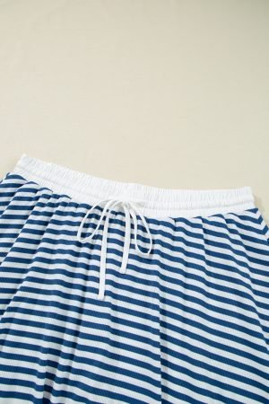 Blue Stripe Short Sleeve Collared V Neck Top Plus Size Short Set - Image 8