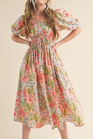 Apricot Pink Floral Smocked Bust Bubble Short Sleeve Maxi Dress - Image 3