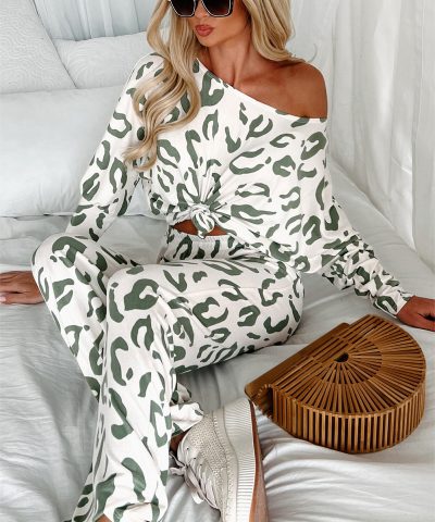 Beige Leopard Animal Print Long Sleeve and Pants Loungewear Set