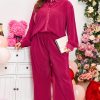 Rose Red Plus Size Ribbed Long Sleeve Shirt and Pants Pajama Set