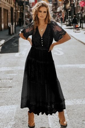 Alternative view of Black Dotty Lace Mesh Flowy Maxi Dress