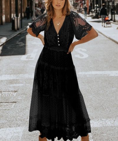 Black Dotty Lace Mesh Flowy Maxi Dress