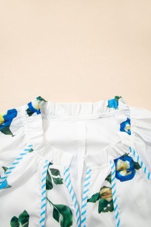 White Plus Size Floral Short Puff Sleeve Contrast Tie V Neck Dress - Image 6