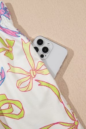 White Cheerful Bow Print Elastic Pull On Casual Shorts - Image 7