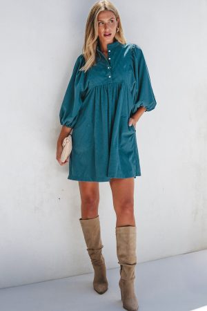 Blue Corduroy Snap Buttons Empire Waist Bracelet Sleeve Dress - Image 4