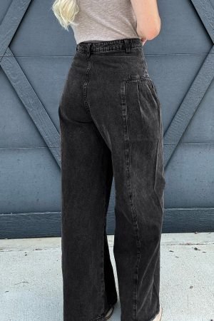 Alternative view of Dark Grey Pleated Wide Leg Mineral Wash Denim Pants