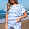 Sky Blue Stripe Knitted Short Sleeve Top and Drawstring Shorts Set