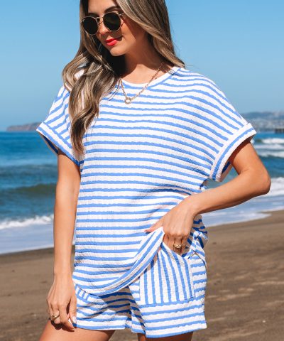 Sky Blue Stripe Knitted Short Sleeve Top and Drawstring Shorts Set