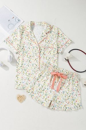White Floral Print Contrast Pipping Short Pajamas Set - Image 3