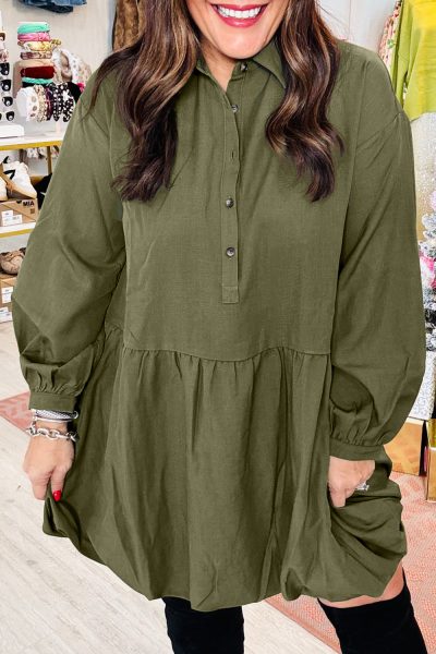 Four Leaf Clover Plus Size Collar Half Button Long Sleeve Ruffle Hem Mini Dress