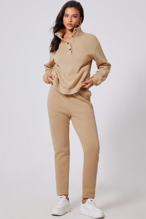 Parchment Solid Half Button Sweatshirt and High Waist Sweatpants Set - Image 4