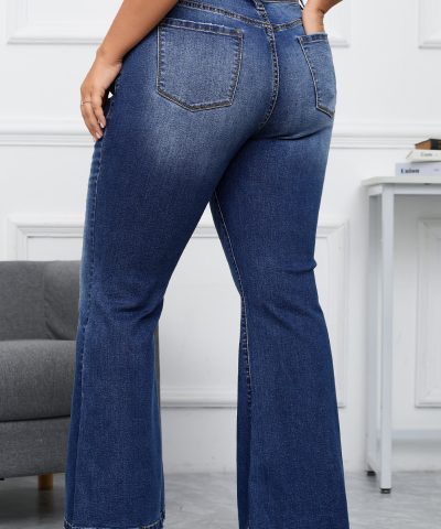 Dark Blue Plus Size Stitching Washed Flare Jeans