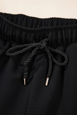 Black Textured Half Zip Kangaroo Pocket Top Drawstring Shorts Set - Image 7