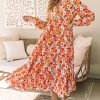Multicolor Boho Floral Collared Long Sleeve Ruffled Dress