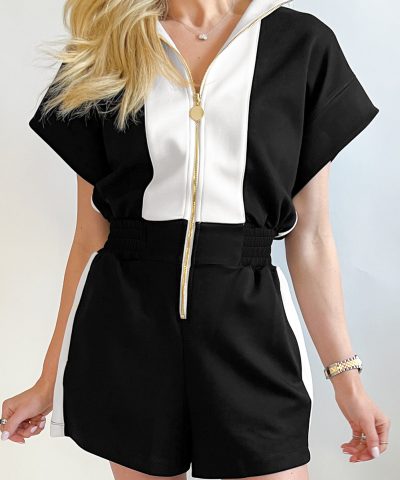 Black Contrast Collar Patchwork Zip Front Romper