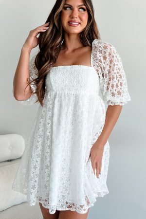 White Floral Lace Puff Sleeve Empire Waist Mini Dress - Image 5