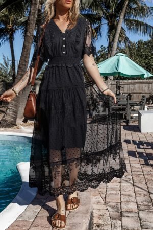Black Dotty Lace Mesh Flowy Maxi Dress - Image 5