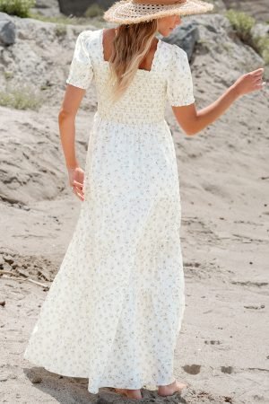 White Frilly Shirred Bodice Tiered Floral Maxi Dress - Image 3