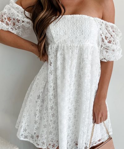 White Floral Lace Puff Sleeve Empire Waist Mini Dress