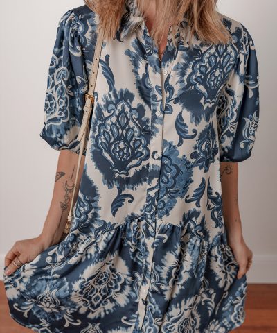 Blue Boho Floral Print Buttoned Collared Loose Fit Mini Dress