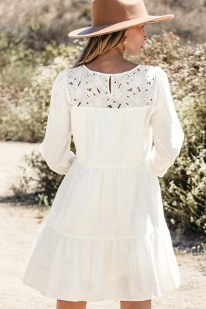 Alternative view of White Floral Lace Patchwork Bracelet Sleeve Tiered Mini Dress